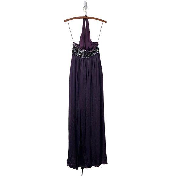 Reem Acra Womens Purple Beaded Sequin Silk Halter Evening Prom Formal Gown 10 - Picture 3 of 7